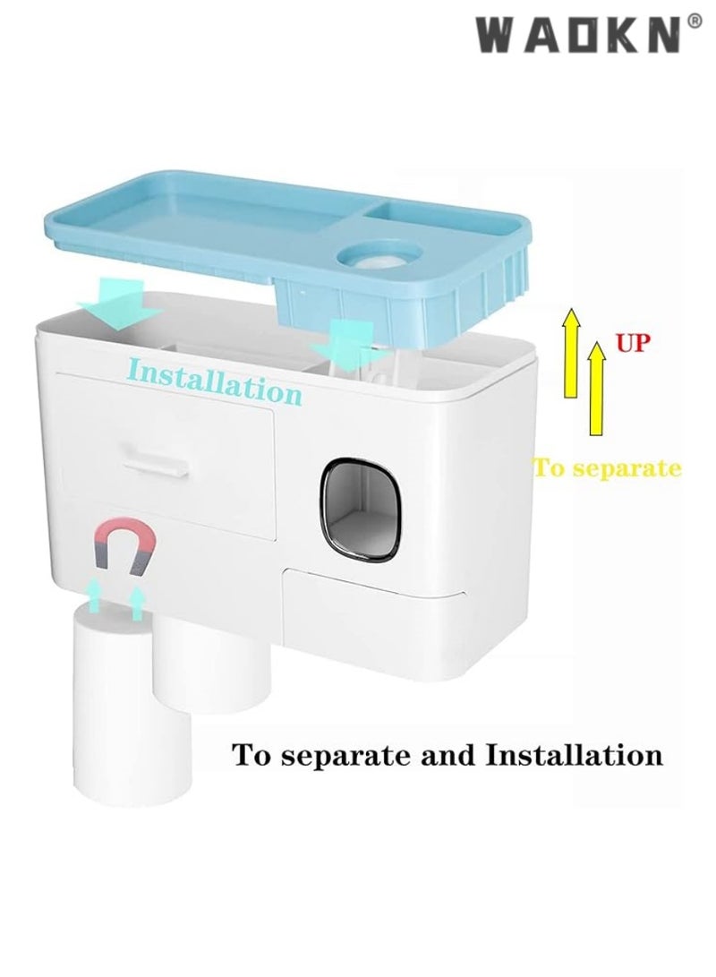 WAOKN Toothpaste Dispenser Wall Mount Toothbrush Holder for Bathroom ,2Cups and 1Drawer Storage Box,6 Toothbrush Slot ,Blue Toothbrush Holder Set  - Image 4