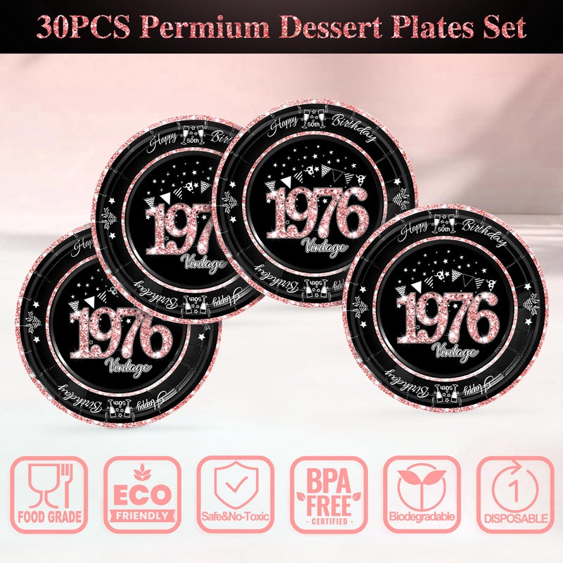 algpty 60 PCS Vintage 50th Birthday Plates and Napkins Set, 50th Birthday Decorations Rose Gold, Service for 30, 1976 Birthday Dessert Plates and Napkins Party Supplies for Women - Image 3