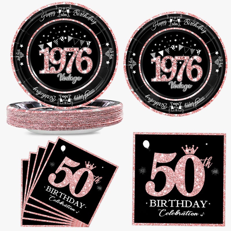 algpty 60 PCS Vintage 50th Birthday Plates and Napkins Set, 50th Birthday Decorations Rose Gold, Service for 30, 1976 Birthday Dessert Plates and Napkins Party Supplies for Women - Image 1
