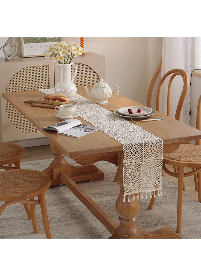 Crochet Retro Lace Table Runner, Boho Hand Woven Cotton Table Runner, Home Kitchen Wedding Dining Table Decor (22*240cm)