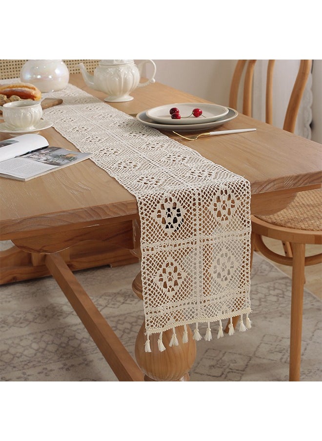 Crochet Retro Lace Table Runner, Boho Hand Woven Cotton Table Runner, Home Kitchen Wedding Dining Table Decor (22*240cm)