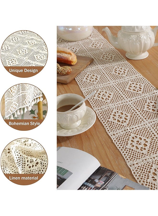 Crochet Retro Lace Table Runner, Boho Hand Woven Cotton Table Runner, Home Kitchen Wedding Dining Table Decor (22*240cm)