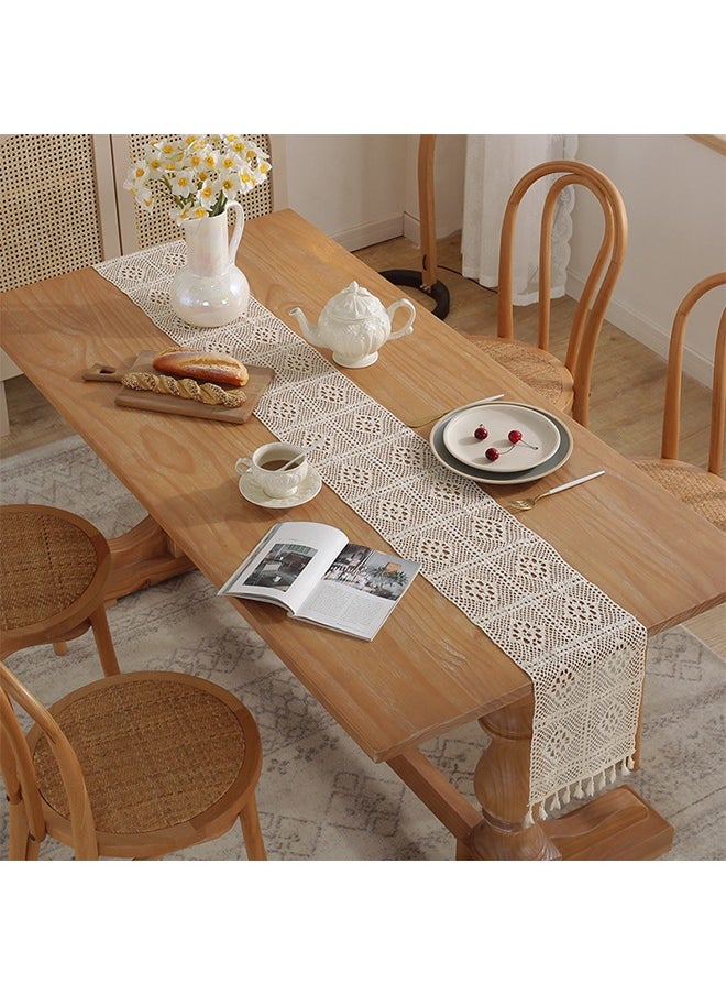 Crochet Retro Lace Table Runner, Boho Hand Woven Cotton Table Runner, Home Kitchen Wedding Dining Table Decor (22*240cm)