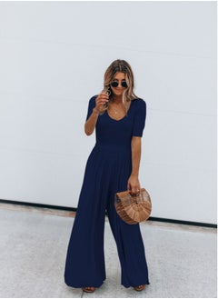 Women's Solid Color Short Sleeve Wide Leg Loose Jumpsuit