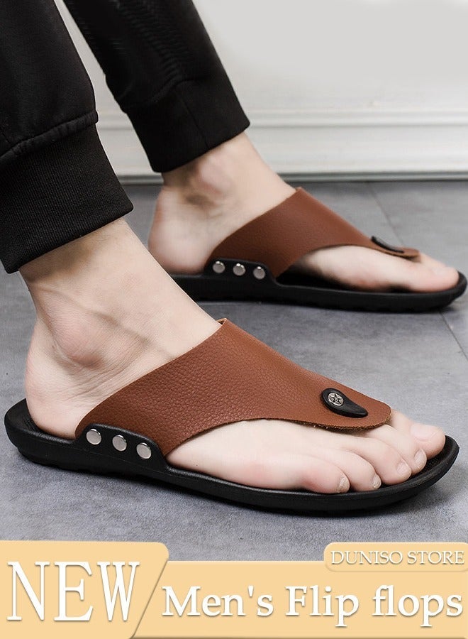 DUNISO Men's Flip Flops Fashion Leather Beach Slipper Non-slip Breathable Flat Slipper Open Toe Soft Slippers House Slide Sandal for Beach Spa Bath Pool Gym - Image 1