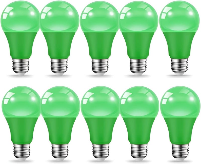 Pack of 10 A19 9W Green LED Light Bulbs with E27 Base and 1150 Lumens - Image 1