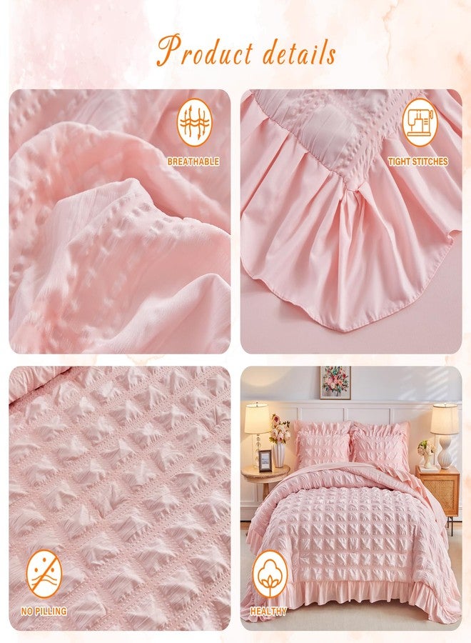 Tititada Blush Pink Plaid Seersucker Comforter Set with Ruffled Fringe Queen Size, 3 Pieces Soft Fluffy Farmhouse Bedding Set for All Season, Queen Bed Set with Ruffle Shams (Blush Pink, Queen) - Image 4
