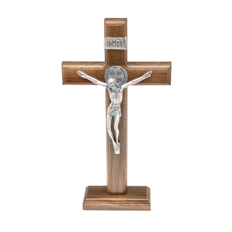 Intercession Wall and Table Wood Cross Crucifix (10 inches - Antique Silver)