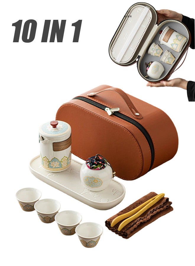 10-In-1 Ceramic Tea Cups Set, Matcha Gift Box Porcelain Matcha Teapot With Ceramic Teapot, Tea Caddy, 4 Cups And Tray Suitable For Home Gifts - Image 1