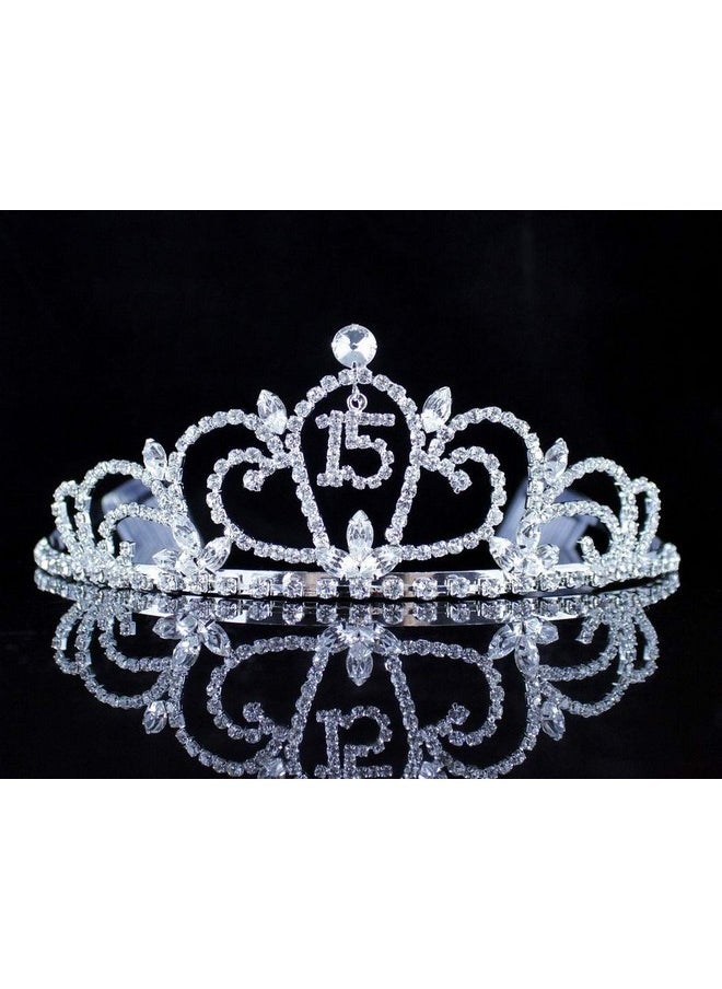 Janefashions Quinceanera Sweet 15 Fifteen Clear White Austrian Rhinestone Crystal Crown With Hair Combs Headband Headpiece Princess Girl'S 15Th Birthday Party T990 (White/Silver)  - Image 2