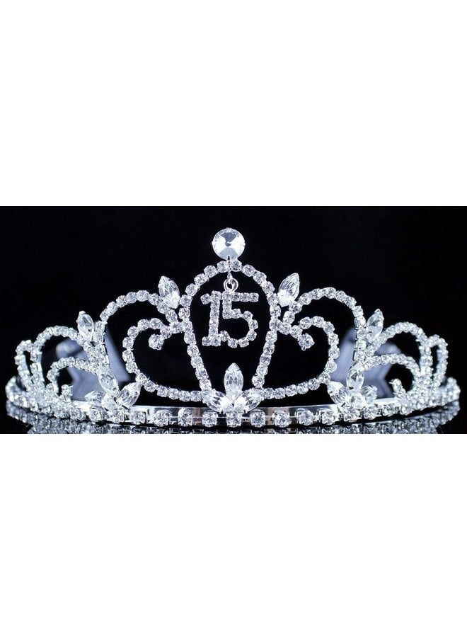 Janefashions Quinceanera Sweet 15 Fifteen Clear White Austrian Rhinestone Crystal Crown With Hair Combs Headband Headpiece Princess Girl'S 15Th Birthday Party T990 (White/Silver)  - Image 3
