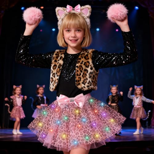 PinkSheep Girls Cat Costume SetLed Light Up Girls Tutu Skirt With Cat Ears Headband Bow Tie Tail Accessories Kids School Party Outfit Animal Costumes Halloween Dress Up Cosplay Birthday Gifts - Image 5