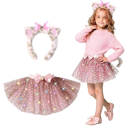PinkSheep Girls Cat Costume SetLed Light Up Girls Tutu Skirt With Cat Ears Headband Bow Tie Tail Accessories Kids School Party Outfit Animal Costumes Halloween Dress Up Cosplay Birthday Gifts - Image 1