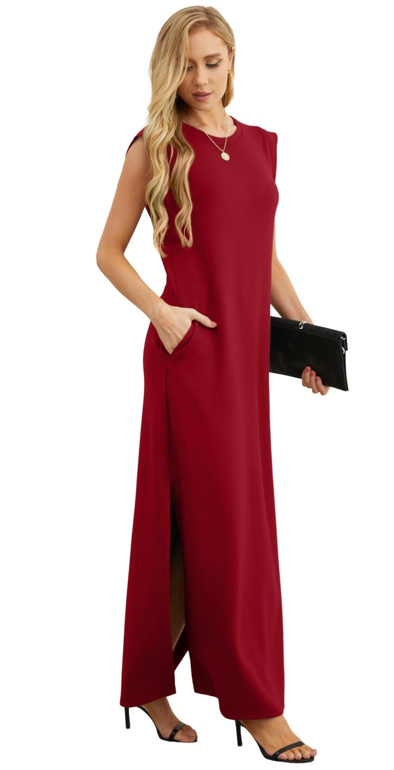 GRECERELLE Women's Summer Casual Loose Beach Split Long Maxi Dress with Pockets (Large, Wine Red) - Image 4
