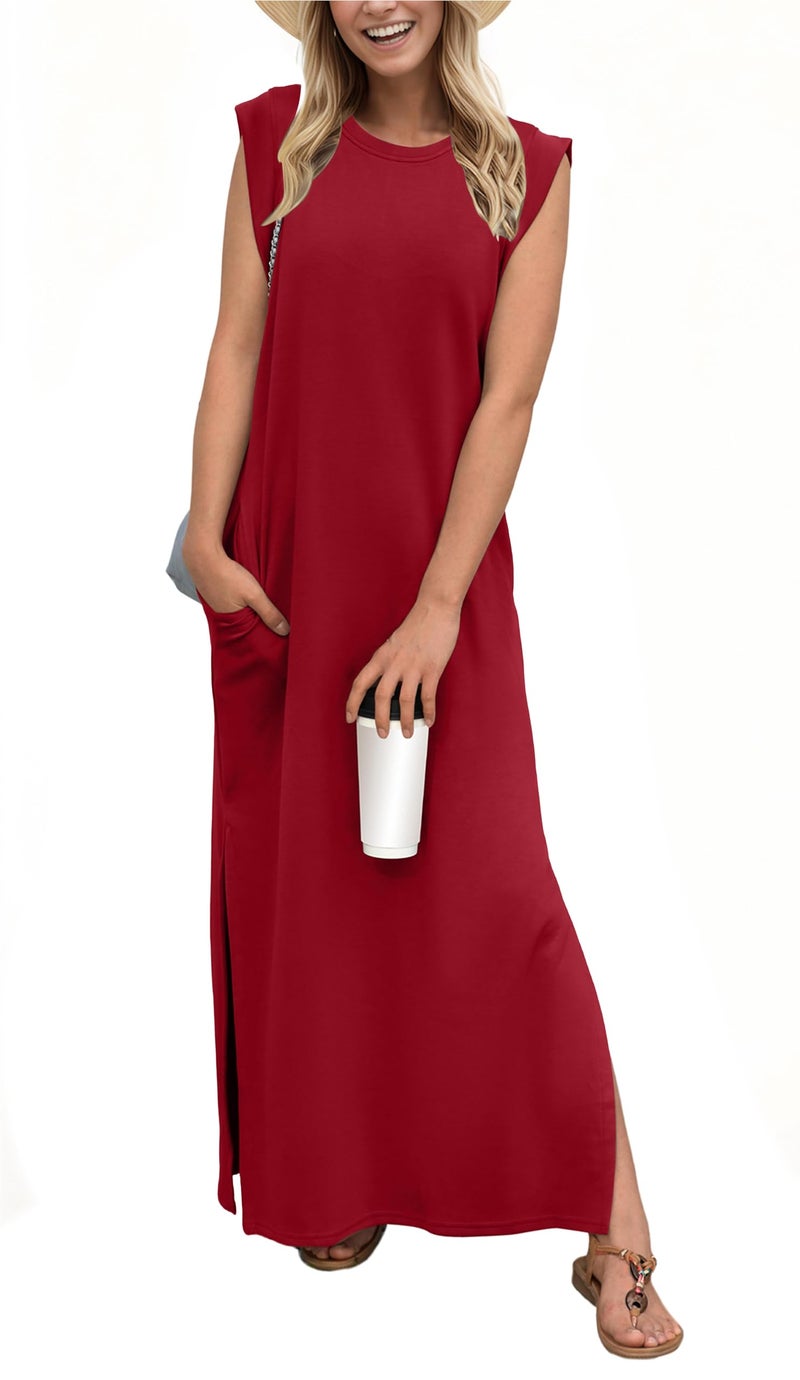 GRECERELLE Women's Summer Casual Loose Beach Split Long Maxi Dress with Pockets (Large, Wine Red) - Image 1