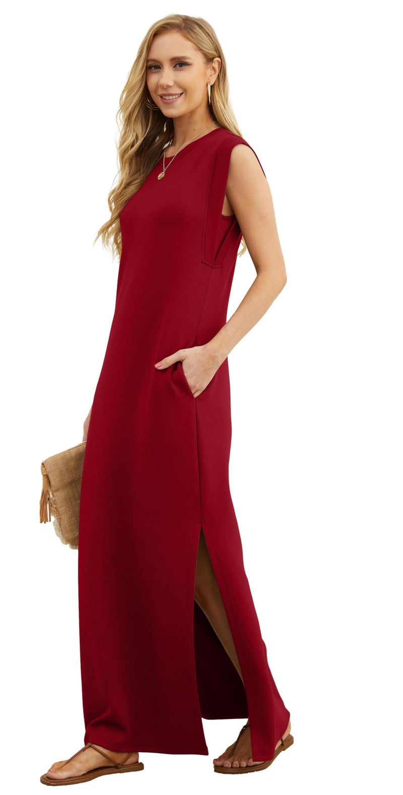 GRECERELLE Women's Summer Casual Loose Beach Split Long Maxi Dress with Pockets (Large, Wine Red) - Image 2