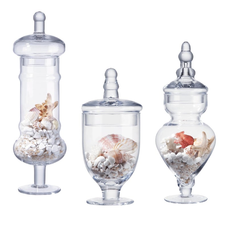 Diamond Star Set of 3 Apothecary Jar Glass Decorative Candy Jars Elegant Storage Candy Buffet Display, Wedding Candy Organizer Canisters (H: 9", 12.5", 14"; 20 FL.OZ, 23 FL.OZ and 28 FL.OZ) - Image 1
