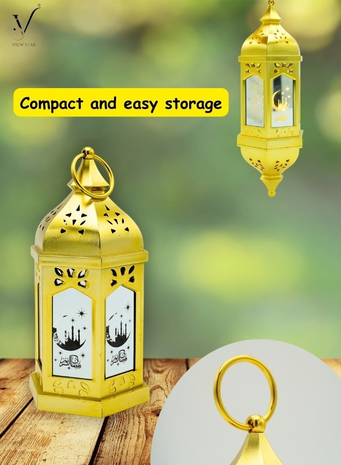 فيوستار فانوس رمضان LED من Viewstar - فانوس إسلامي مزخرف ذهبي لديكور المنزل في رمضان والمهرجانات، ضوء معلق يعمل بالبطارية للديكورات الداخلية والخارجية (لا يتطلب التركيب) - Image 5