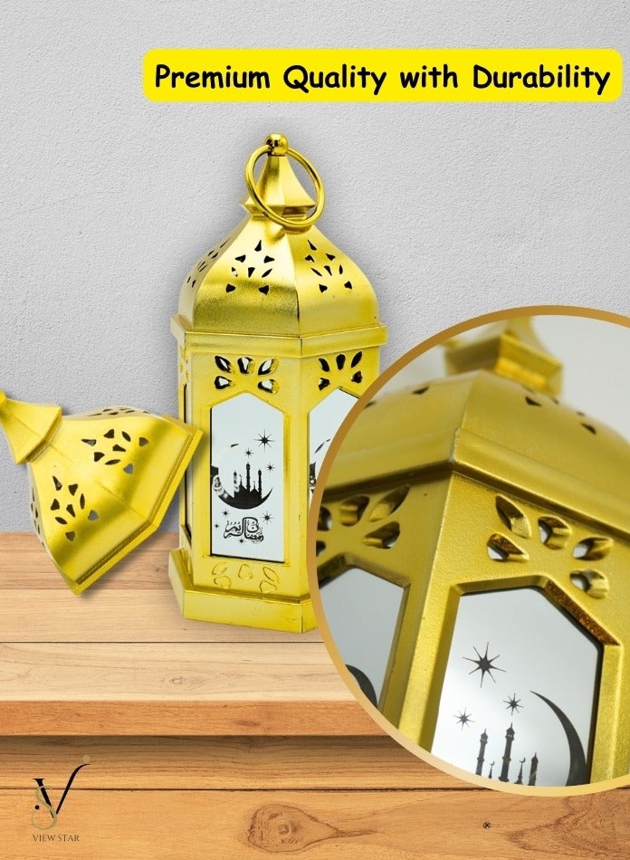 فيوستار فانوس رمضان LED من Viewstar - فانوس إسلامي مزخرف ذهبي لديكور المنزل في رمضان والمهرجانات، ضوء معلق يعمل بالبطارية للديكورات الداخلية والخارجية (لا يتطلب التركيب) - Image 2
