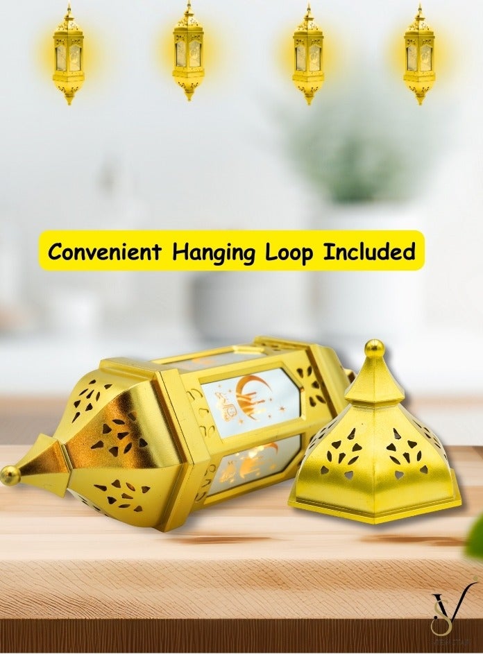 فيوستار فانوس رمضان LED من Viewstar - فانوس إسلامي مزخرف ذهبي لديكور المنزل في رمضان والمهرجانات، ضوء معلق يعمل بالبطارية للديكورات الداخلية والخارجية (لا يتطلب التركيب) - Image 3
