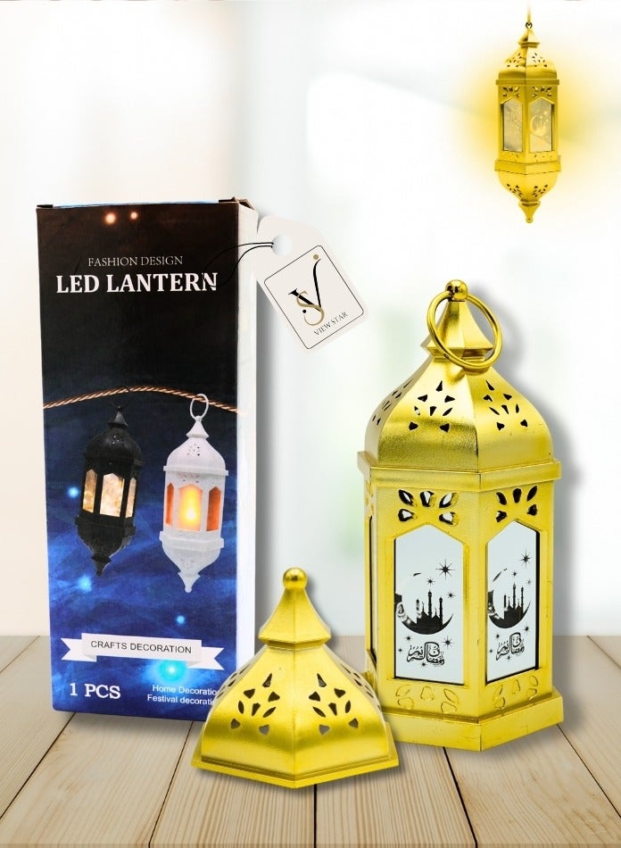 فيوستار فانوس رمضان LED من Viewstar - فانوس إسلامي مزخرف ذهبي لديكور المنزل في رمضان والمهرجانات، ضوء معلق يعمل بالبطارية للديكورات الداخلية والخارجية (لا يتطلب التركيب) - Image 1