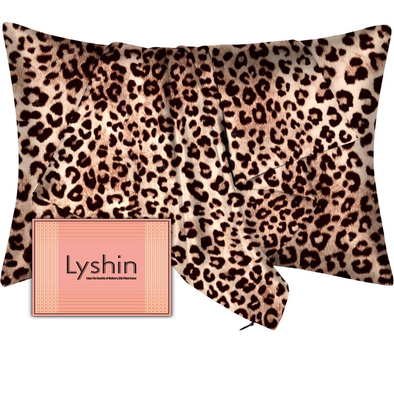 LYSHIN Mulberry Silk Pillow Cases Standard Size with Hidden Zipper, Ultra Smooth and Soft Breathable Cooling Silk Satin Pillowcase for Hair and Skin, Gifts for Women Men (Leopard Brown, 20x26 Inches, 1 Pack) - Image 1