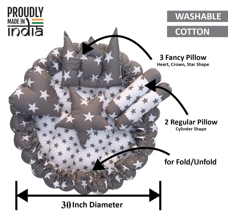 LOREM Grey 5 Pillows & Round Shape Cotton Baby Bed for 0-1 Year BB01-CMC - Image 3