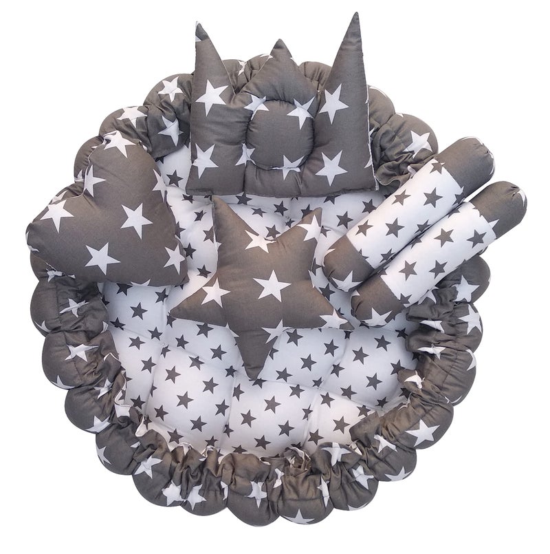 LOREM Grey 5 Pillows & Round Shape Cotton Baby Bed for 0-1 Year BB01-CMC - Image 1