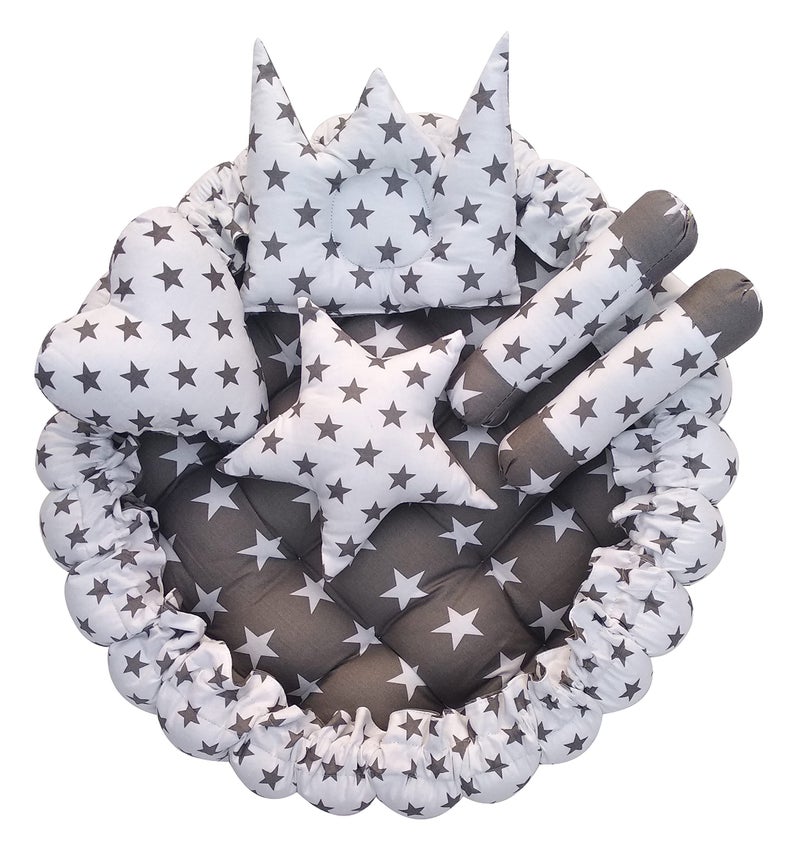 LOREM Grey 5 Pillows & Round Shape Cotton Baby Bed for 0-1 Year BB01-CMC - Image 2