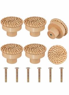 Wooden Drawer Knobs, Rattan Dresser Knobs Round Handmade Wicker Woven and Screws for Boho Furniture Knobs Cabinets Dresser Handles Hardware Pulls Cabinet Knobs Wood Color