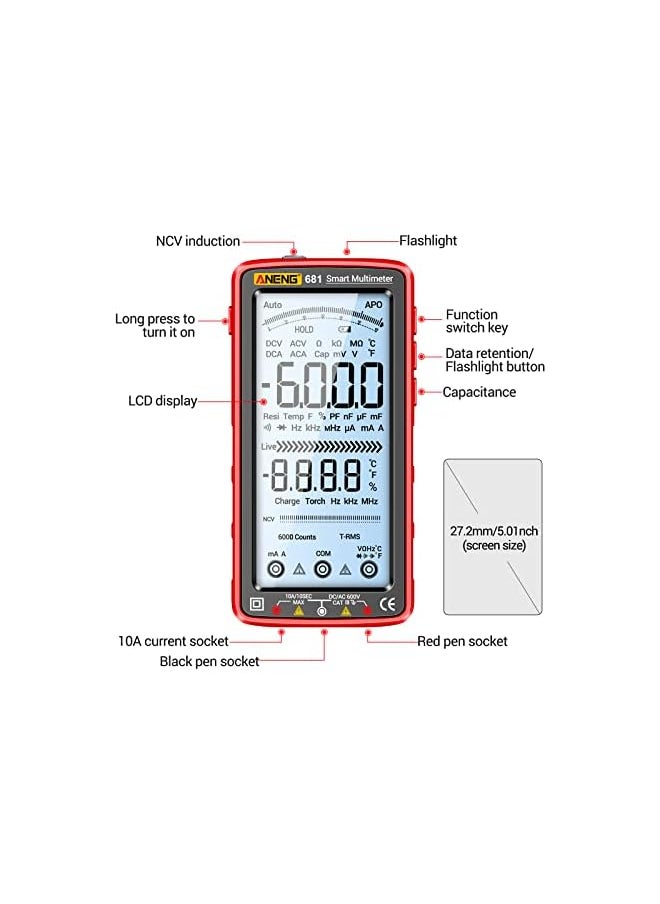 ANENG ANENG 6000 Counts Digital Multimeter Smart Anti-burn Rechargeable Universal Meter NCV Tester 5-inch Large LCD with Backlit Flashlight for Voltage Current Resistance Capacitance Temperature Measurement  - Image 5