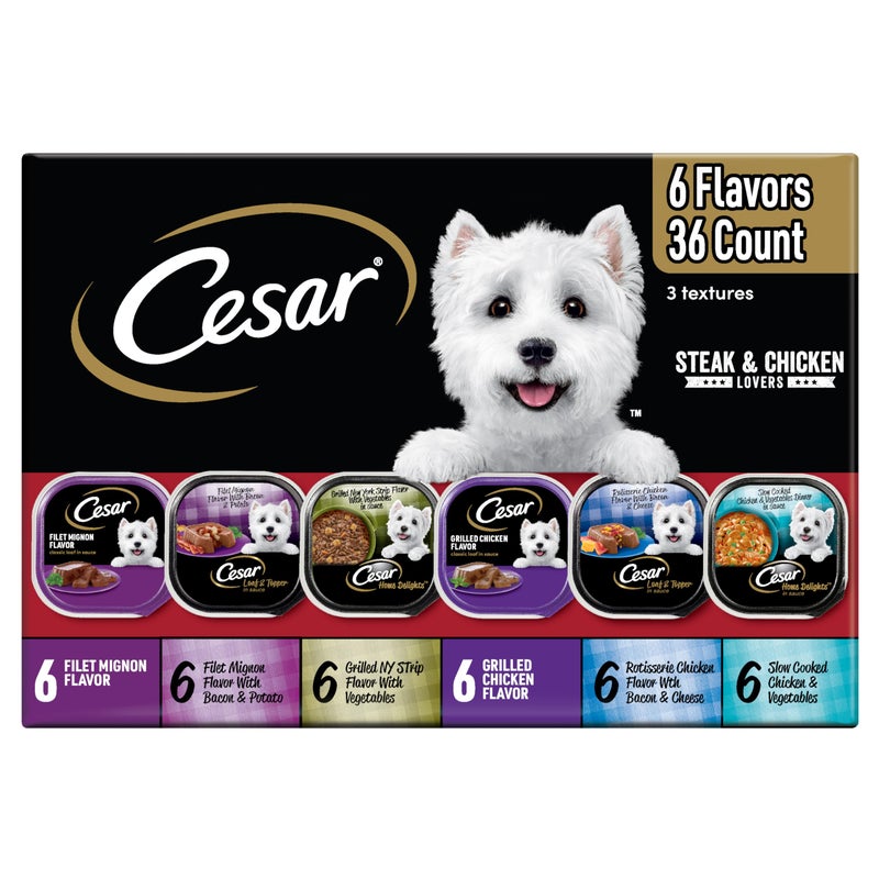 Cesar Wet Dog Food Steak and Chicken Lovers Variety Pack, Adult, Wet Food for Dogs with Real Beef or Chicken, 3.5 oz Easy Peel Trays, 36 Count - Image 1