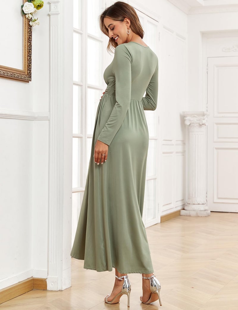 AISWI 2025 Women's Maternity Maxi Dress Long Sleeve Wrap V Neck Pregnancy Dresses with Pockets Baby Shower Photoshoot Formal Cocktail, Sage Green, X-Large - Image 2