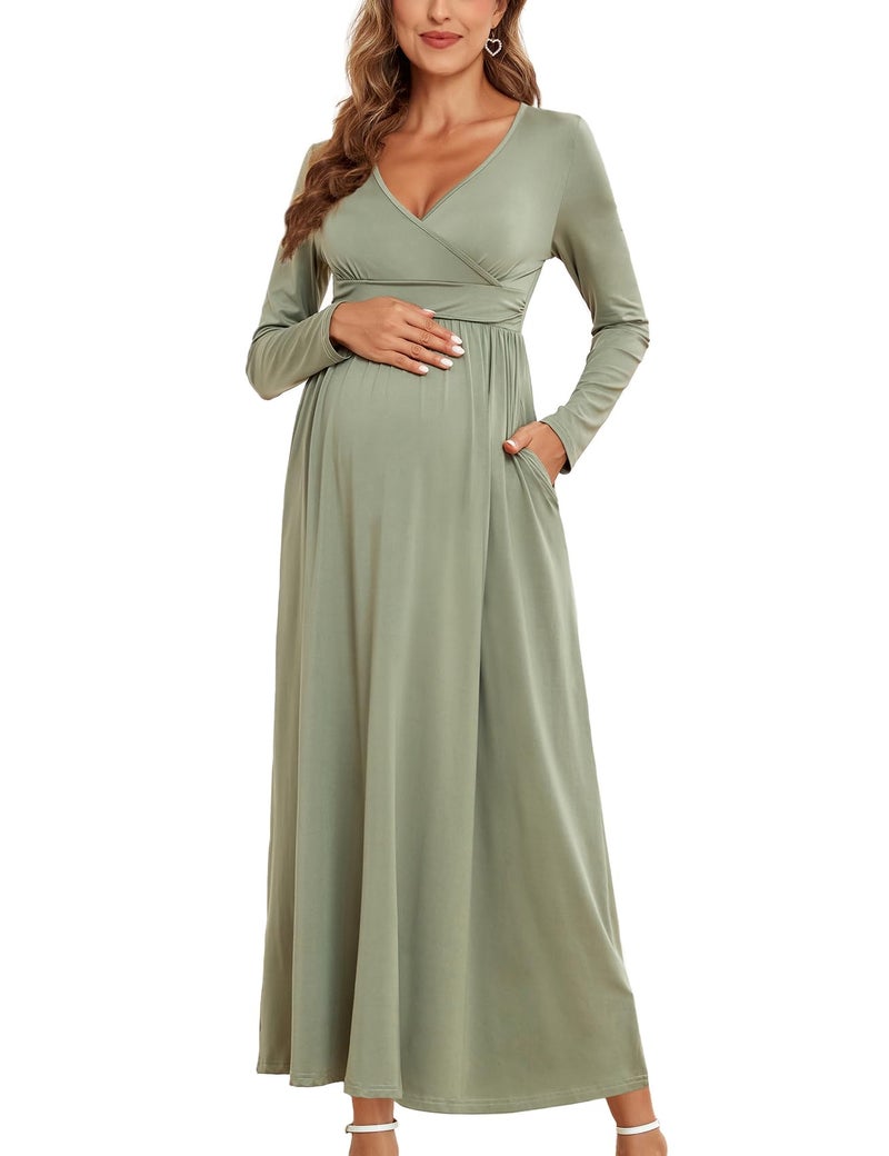 AISWI 2025 Women's Maternity Maxi Dress Long Sleeve Wrap V Neck Pregnancy Dresses with Pockets Baby Shower Photoshoot Formal Cocktail, Sage Green, X-Large - Image 1