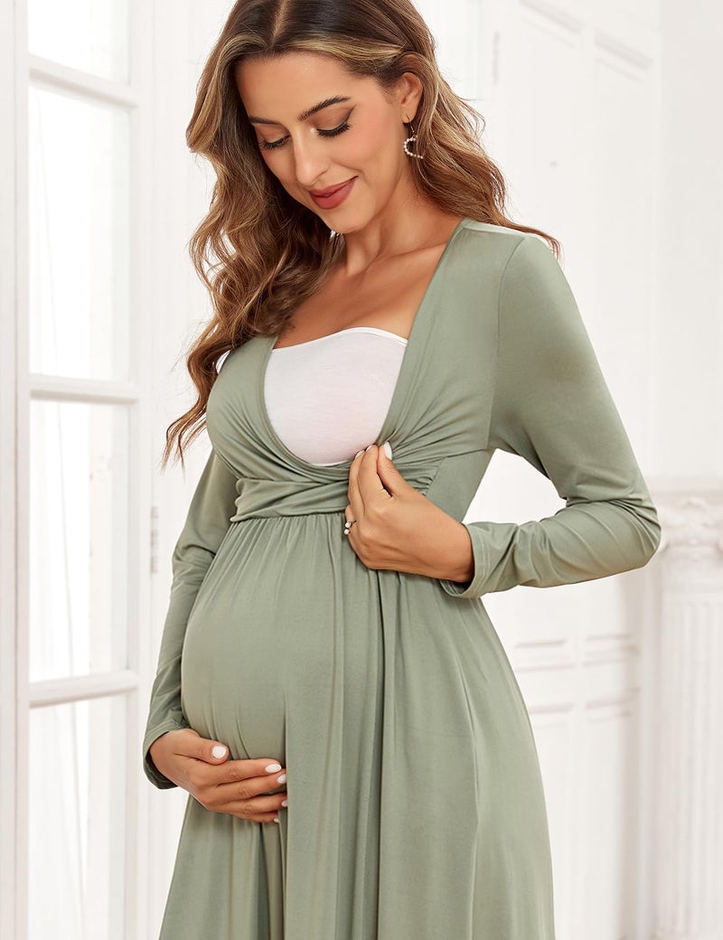 AISWI 2025 Women's Maternity Maxi Dress Long Sleeve Wrap V Neck Pregnancy Dresses with Pockets Baby Shower Photoshoot Formal Cocktail, Sage Green, X-Large - Image 3