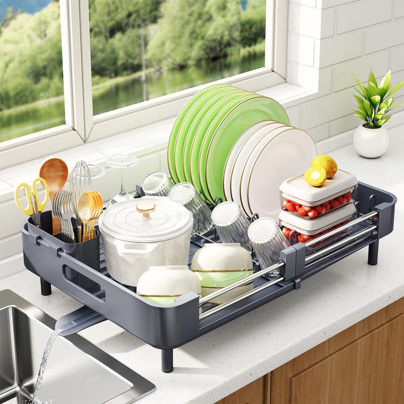 SAYZH Dish Drainer Rack Kitchen Dish Drying Rack Expandable335 CM50 CM Stainless Steel Sink Organizer Dish Rack and Drainboard Set with Utensil Holder Cups Holder for Kitchen CounterGrey