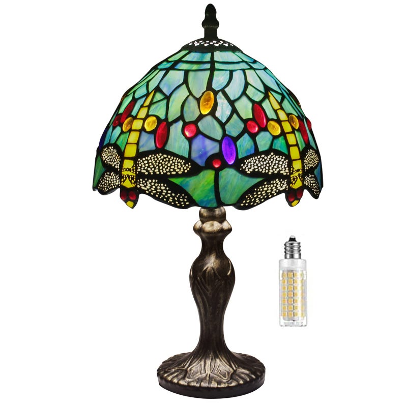 MIAOKE Stained Glass Table LampStained Glass Crystal Bead Style Table Light Handmade Desk Bedside Night Light Antique Art Craft Gifts Lover Living Room Bedroom Bookcase Green Dragonfly