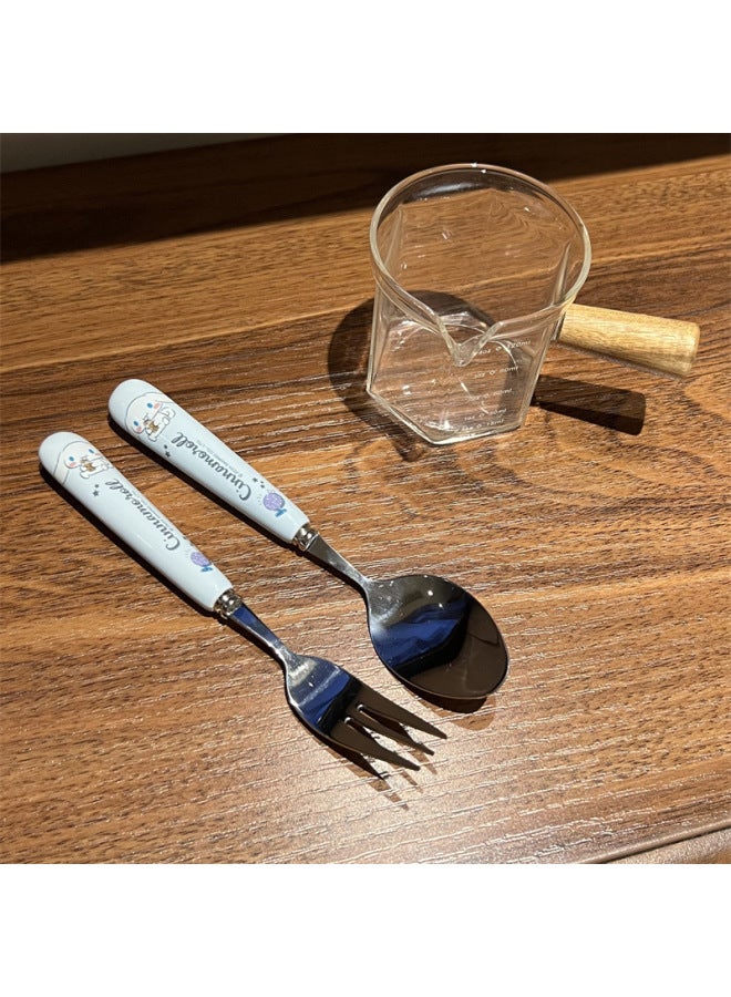 Korean Style Soup Spoon Stainless Steel High Color Value Kulomi Sanrio Ceramic Spoon Student Special Spoon Fork Suit-Specifications:cinnamon Dog Spoon - Image 1