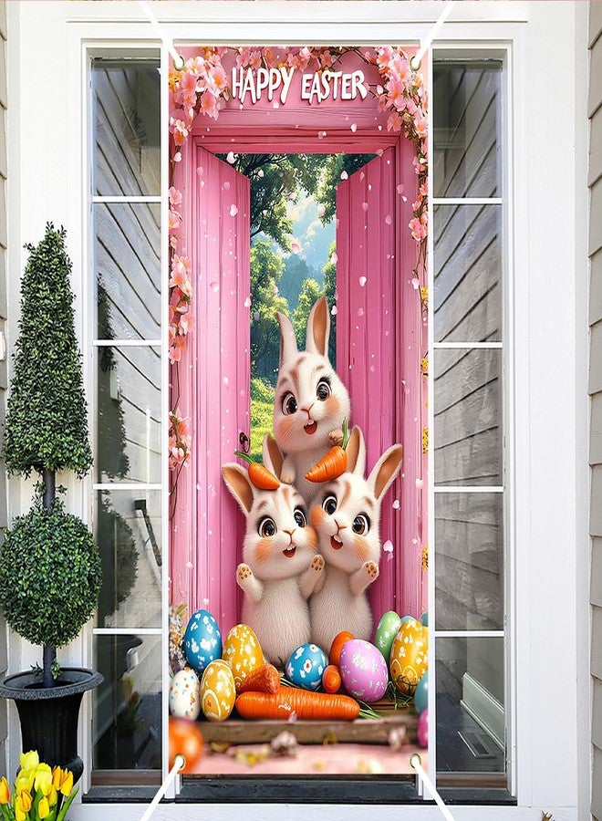 Ticuenicoa Happy Easter Door Cover Banner, Cute Bunny and Carrot at Pink Door for Easter Door Decoration,Easter Party Supplies Banner Hanging Backdrop Sign for Home and Outdoor, 72x35 Inches - Image 3