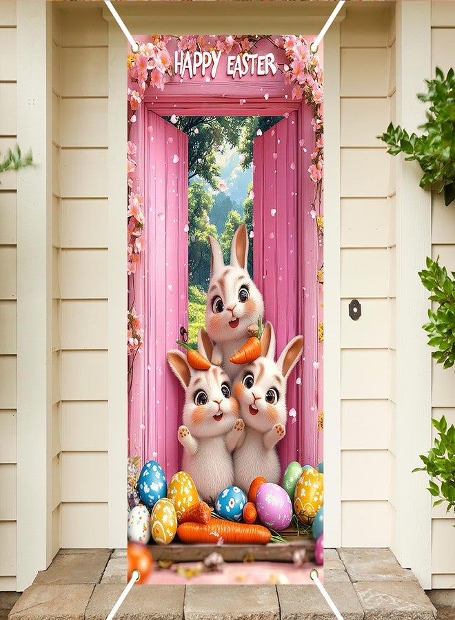 Ticuenicoa Happy Easter Door Cover Banner, Cute Bunny and Carrot at Pink Door for Easter Door Decoration,Easter Party Supplies Banner Hanging Backdrop Sign for Home and Outdoor, 72x35 Inches - Image 4