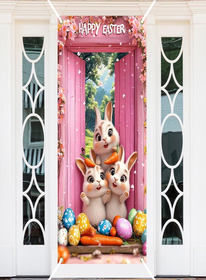 Ticuenicoa Happy Easter Door Cover Banner, Cute Bunny and Carrot at Pink Door for Easter Door Decoration,Easter Party Supplies Banner Hanging Backdrop Sign for Home and Outdoor, 72x35 Inches - Image 2