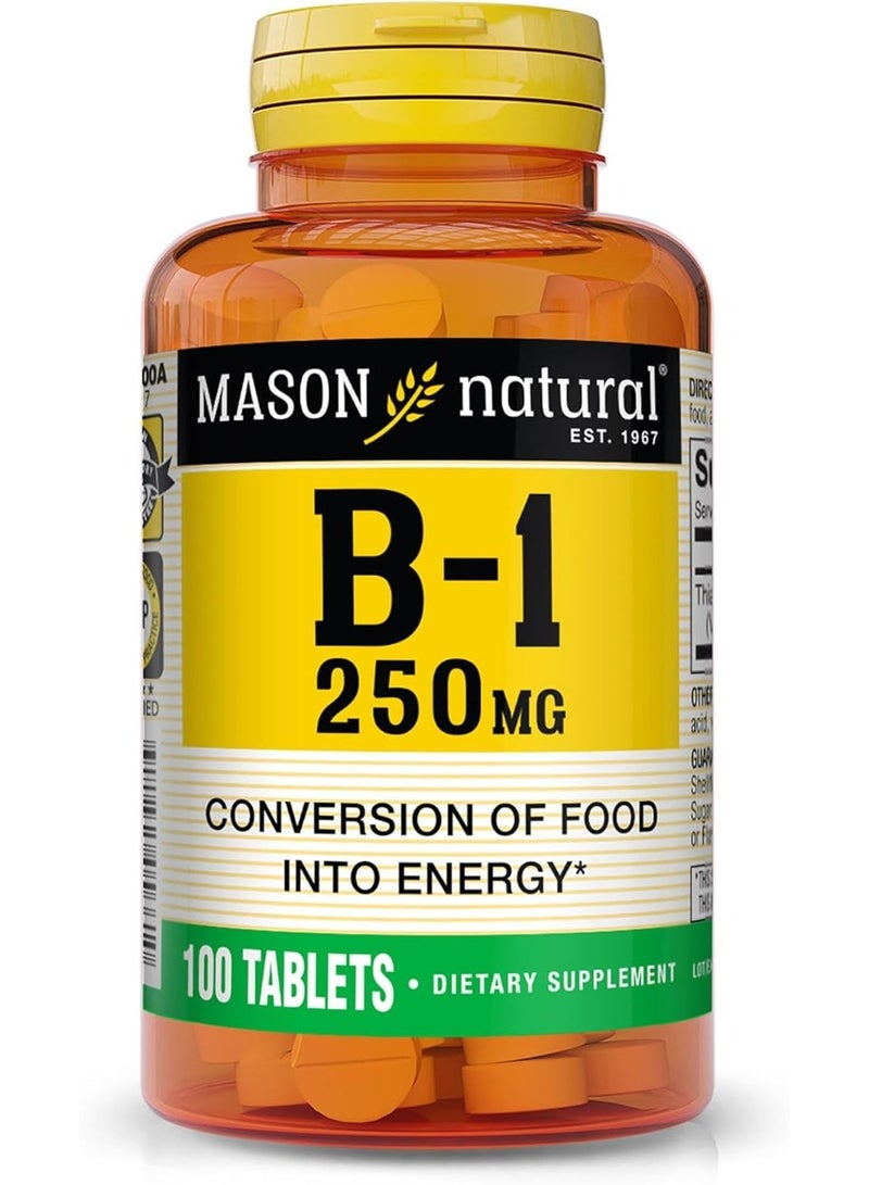 Mason Natural أقراص فيتامين ب-1 ثيامين، 250 ملغ، زجاجة تحتوي على 100 قرص، مكمل غذائي يدعم إنتاج الطاقة والتمثيل الغذائي الصحي، يساعد في تفكيك الدهون والبروتين - Image 1