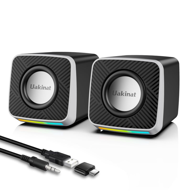 Uakinat PC Speakers 2"â€“6W Carbon Fiber Computer Speaker for Desktop or Laptop PC,USB C/USB-Powered,Crystal Clear Sound,Rich Bass,Loud Volume,Direct Control,Plug-N-Play,Black-Silver - Image 1