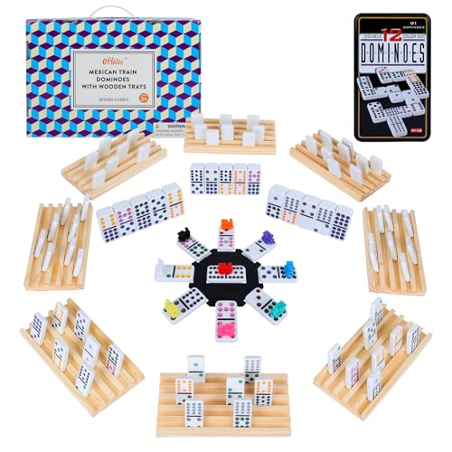 Offelec Mexican Train Dominoes Set with 8 Wooden Holders  Double 12 Dominoes with 91 ColorCoded Tiles  Hub  Domino Tile Board Games for 28 Players  Family Board Game for Adults  Kids D12  8 Holders - Image 1