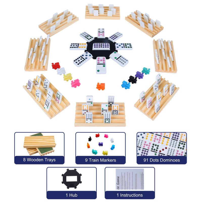 Offelec Mexican Train Dominoes Set with 8 Wooden Holders  Double 12 Dominoes with 91 ColorCoded Tiles  Hub  Domino Tile Board Games for 28 Players  Family Board Game for Adults  Kids D12  8 Holders - Image 3