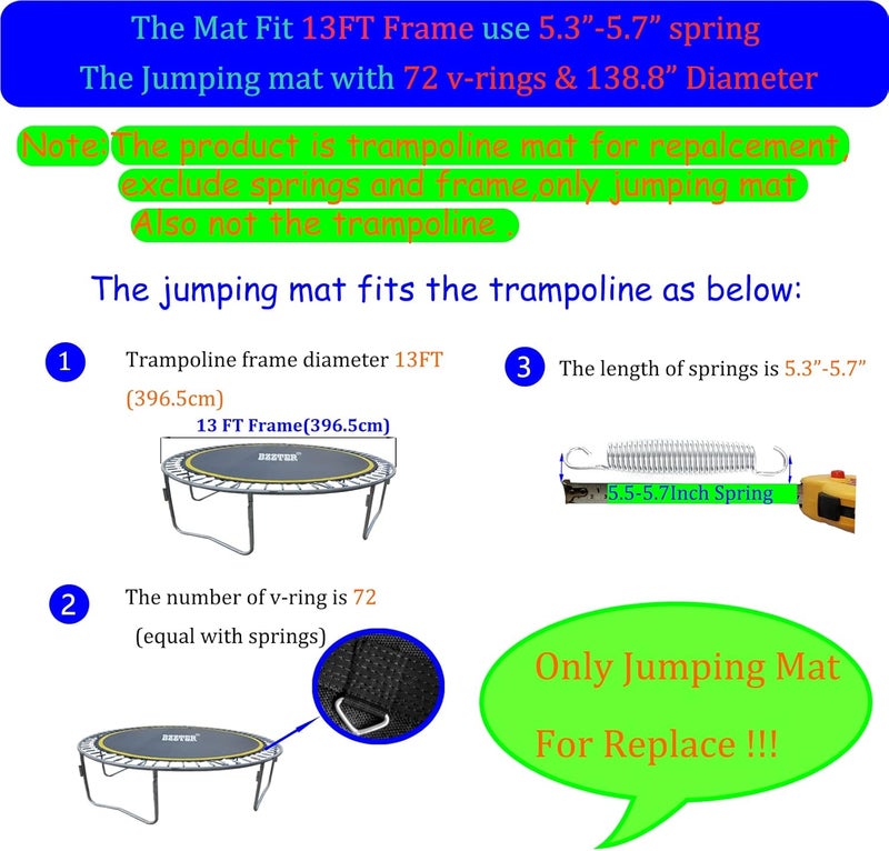 Bzzter Replacement Trampoline Mat,Fits 13ft Round Frame,with 72 Rings 138.8 Inch Diameter, Fits 5.3"-5.7" Springs,10 Rows of Stitches,w/Pull Hook and Gloves，Not Include Spring and Frame - Image 2