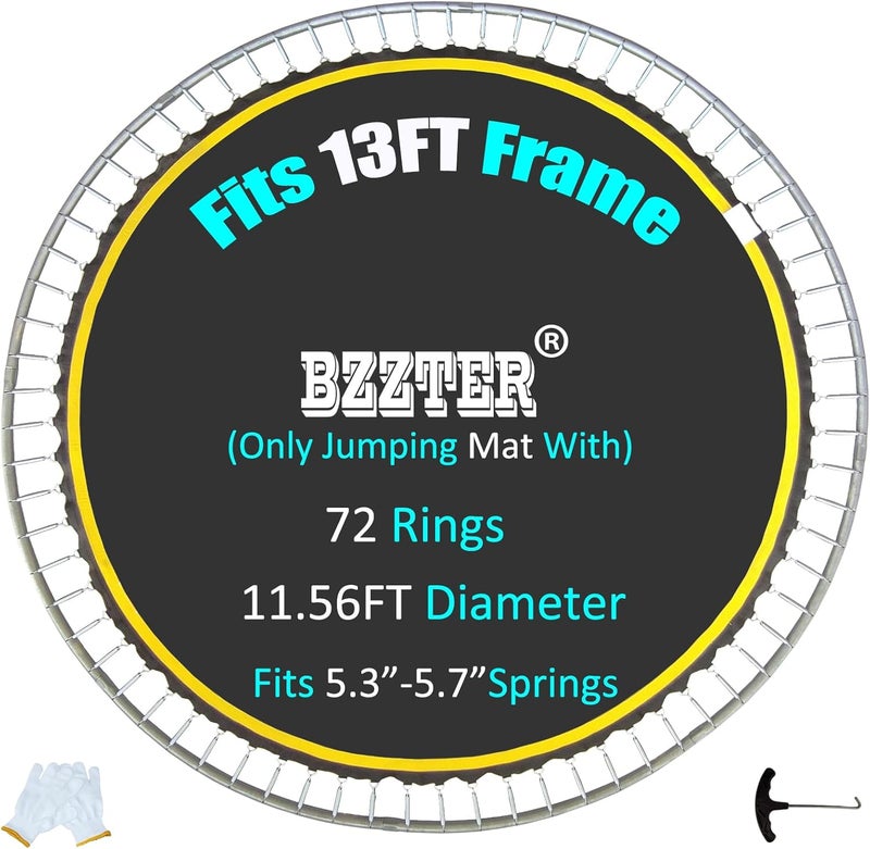 Bzzter Replacement Trampoline Mat,Fits 13ft Round Frame,with 72 Rings 138.8 Inch Diameter, Fits 5.3"-5.7" Springs,10 Rows of Stitches,w/Pull Hook and Gloves，Not Include Spring and Frame - Image 1