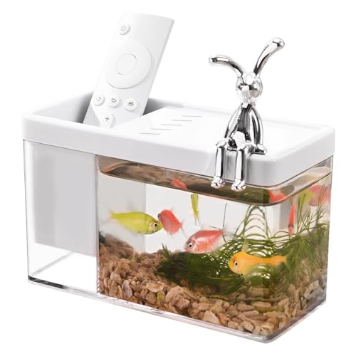 Qpets® Compact Desk Betta Fish Tank, Mini Aquarium with Slotted Roof, Built-in Storage Compartment, Clear ABS Design for Home Office Decor & Small Pets (17.1x8x10.5cm) - Image 1