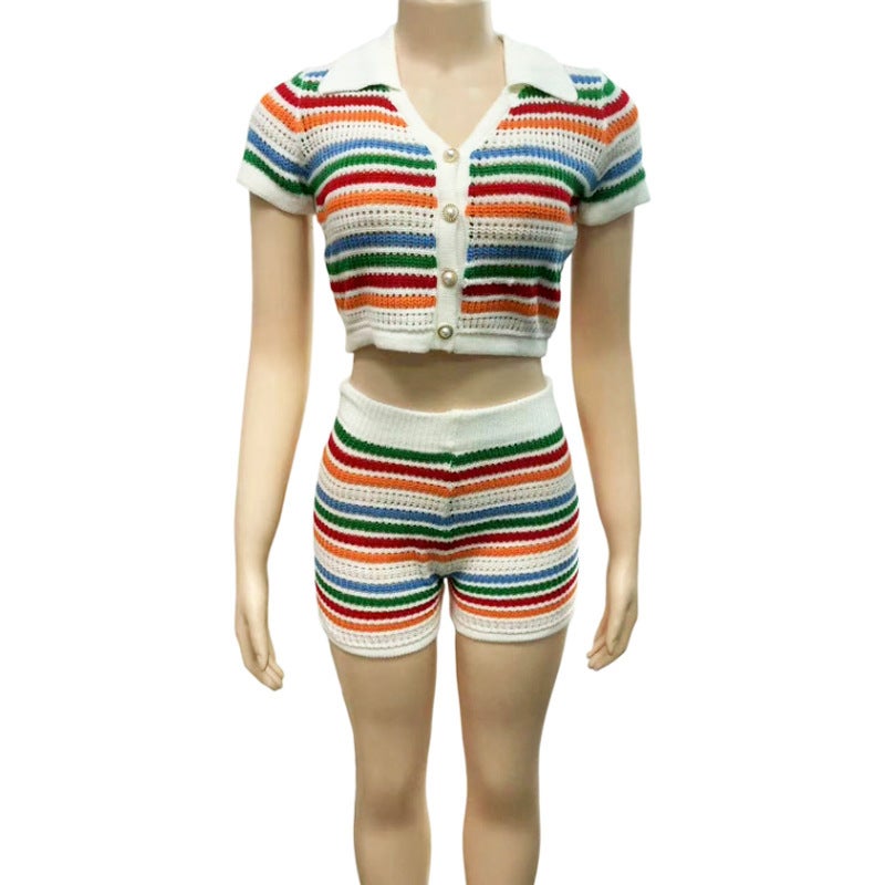 Women's Two-Piece Casual Tracksuit Set with Striped Knit Short Sleeve and Shorts - Image 5