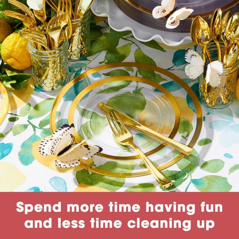 By Madee HEAVYWEIGHT 150 Pc Clear and Gold Plastic Plates - Nice Disposable Plates and Cutlery Set - Perfect for Wedding  Birthday  Mother's Day - Gift of 3d Butterflies for Table Decor (25 Guests) - Image 3